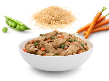 A bowl of pet food with carrots, Peas and rice